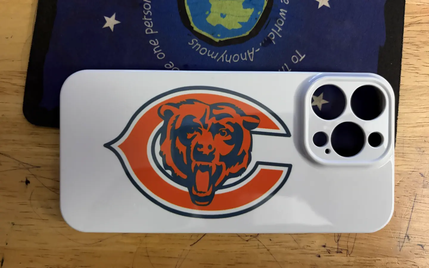Chicago Bears iPhone case on a workbench