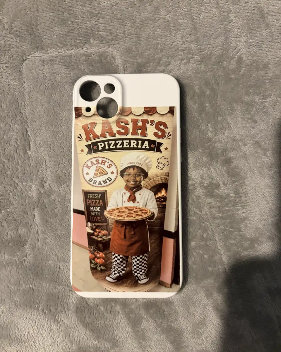 iPhone case printed with a custom pizzeria portrait of a child